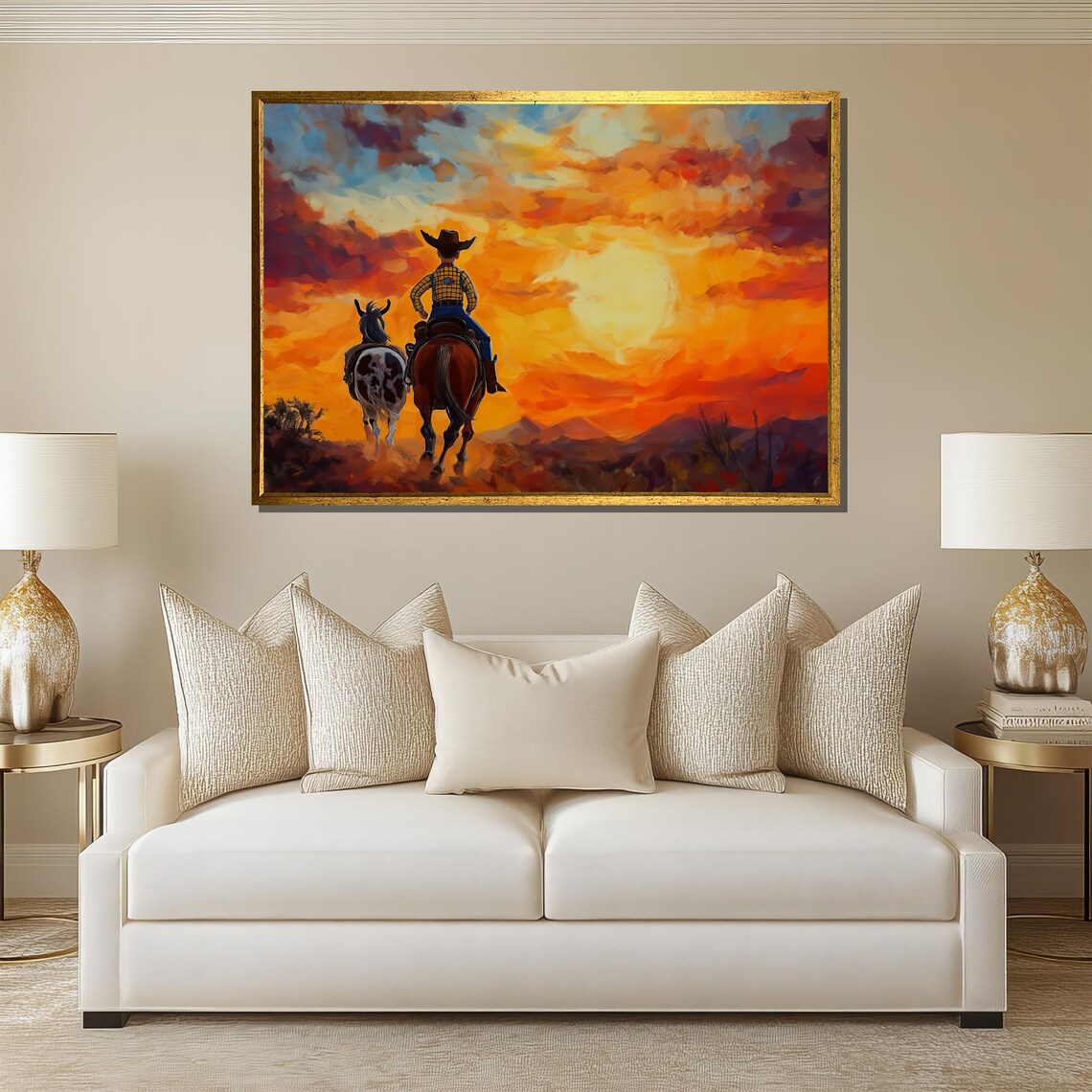 Cowboy on Horseback Riding Into Desert Sunset Western Art Poster - Image 4
