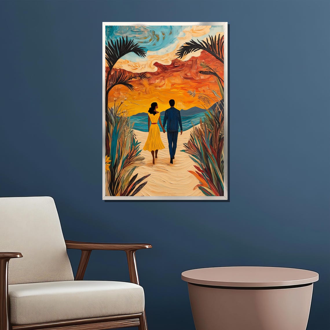 Couple Walking Beach at Sunset in Tropical Orange Sky Art Poster - Image 2