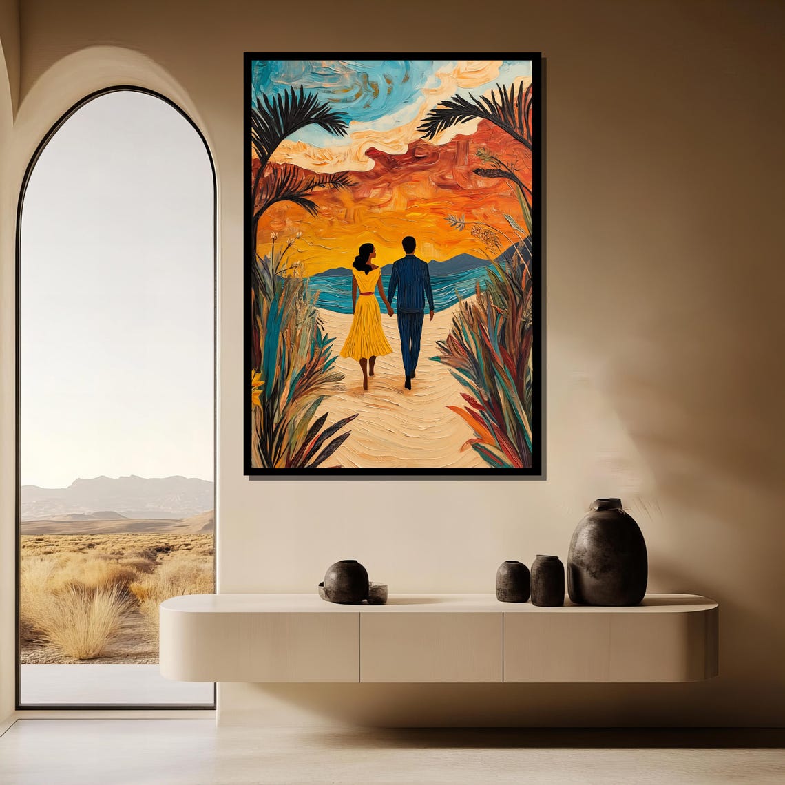 Couple Walking Beach at Sunset in Tropical Orange Sky Art Poster - Image 3