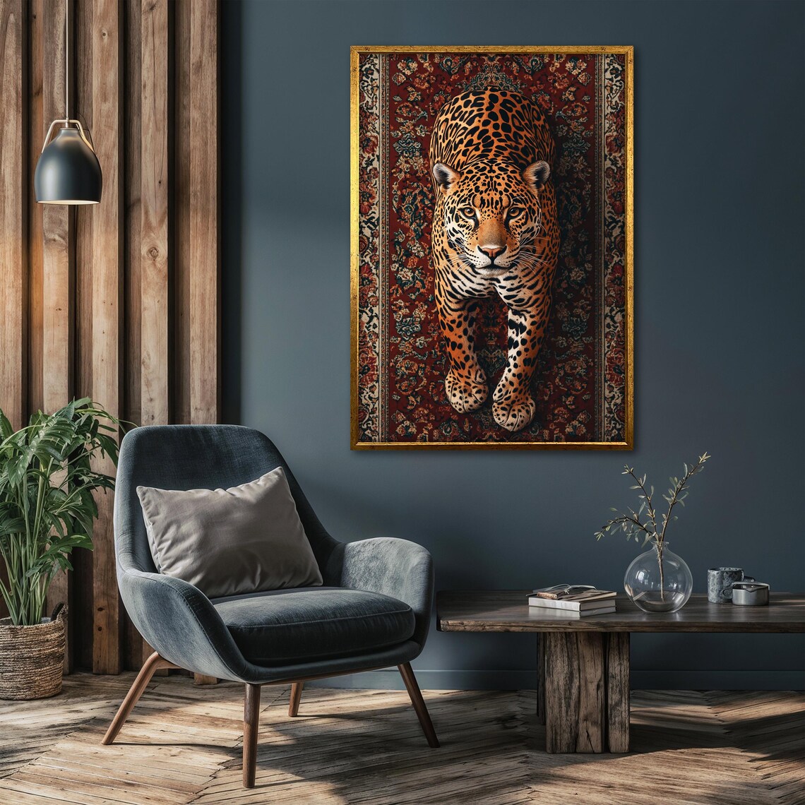 Leopard Walking Straight Toward the Viewer on a Red Oriental Rug Poster - Image 4