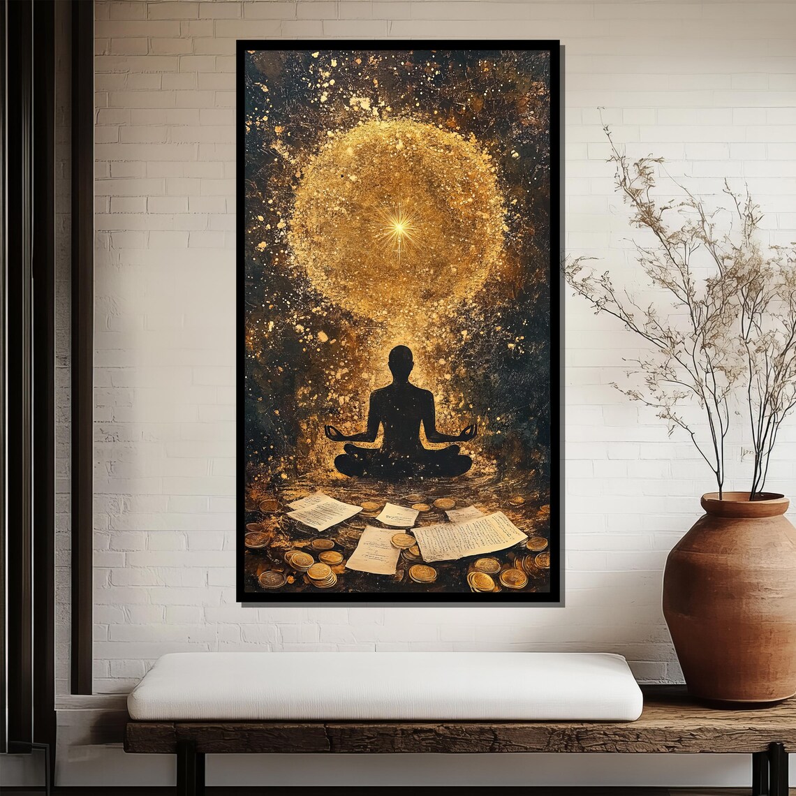 Golden Meditating Silhouette Radiant Sun Abstract Zen Poster - Image 3