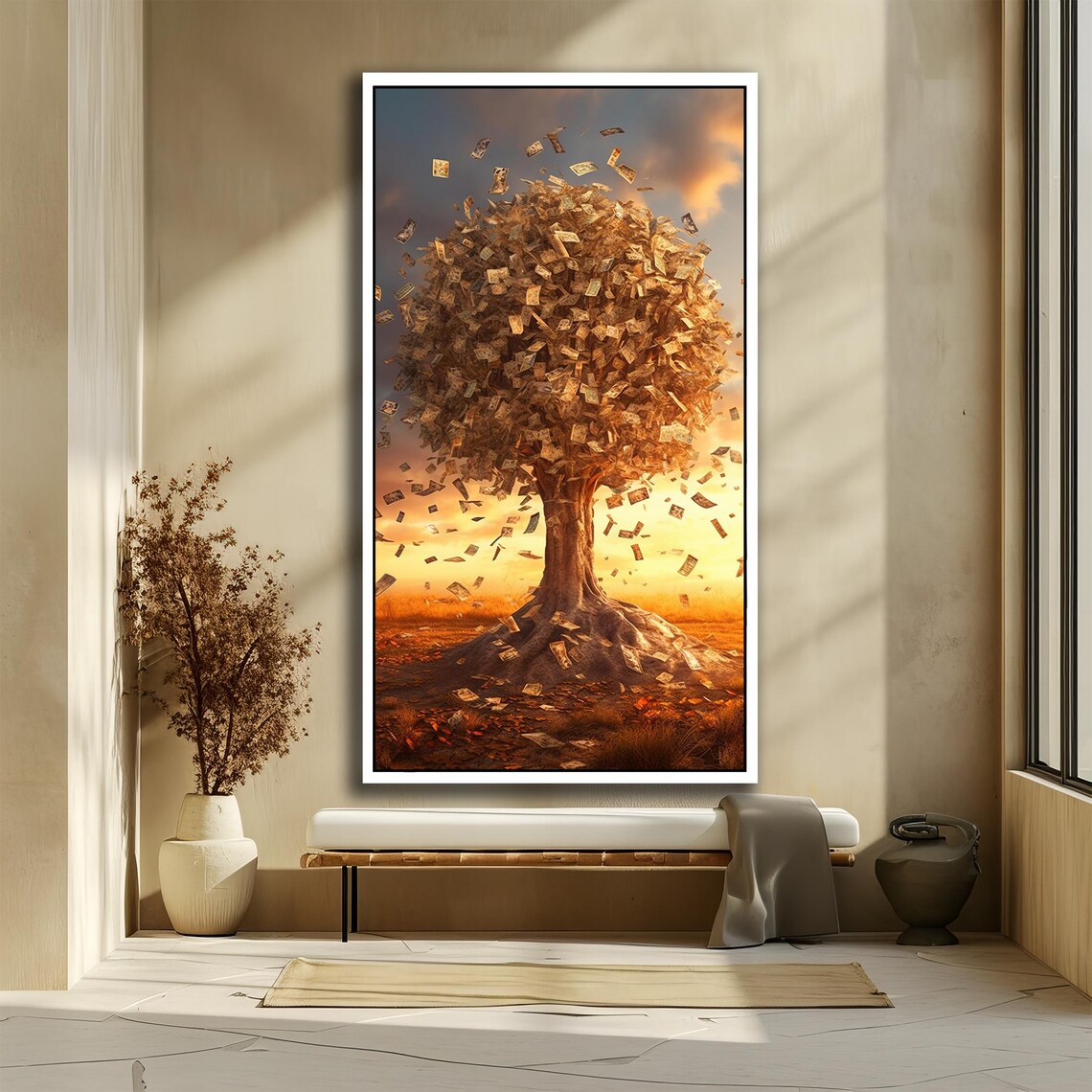 Golden Money Tree Shower of Falling Cash Bills at Sunset Poster - Image 2