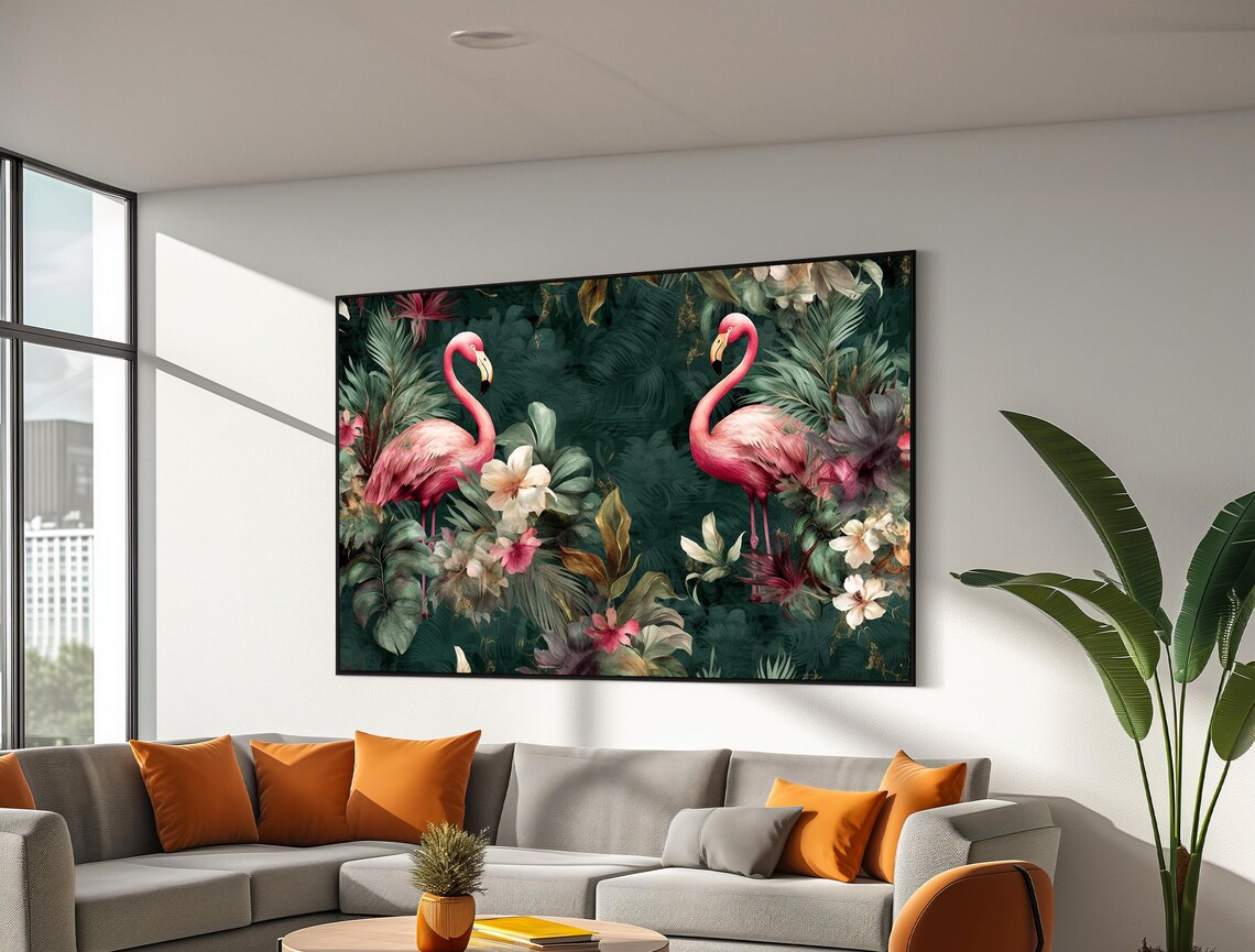 Pink Flamingos In Lush Tropical Jungle Exotic Painting Poster