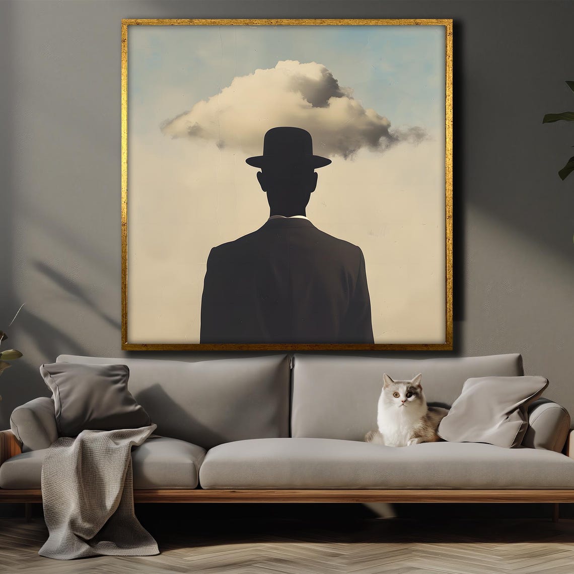 Surreal Bowler Hat Silhouette Gazing At A Floating Cloud Above Poster - Image 4