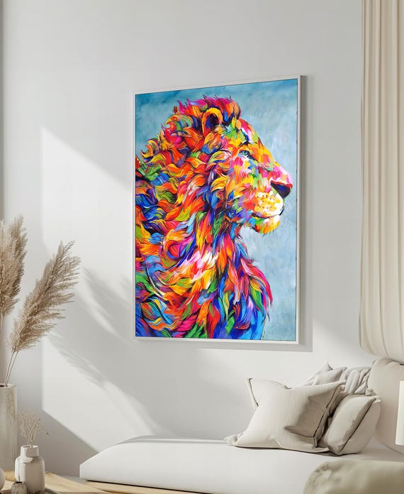 Vibrant Rainbow Lion Art Bold And Colorful Animal Portrait Modern Wall Decor Ready To Hang