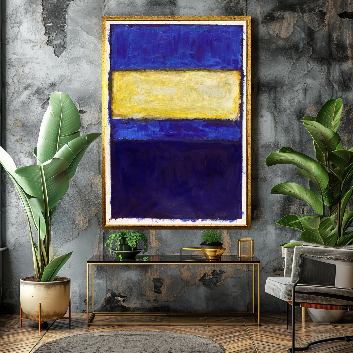Bold Blue Yellow Textured Color-Field Abstract Modern Art Wall Poster - Image 4