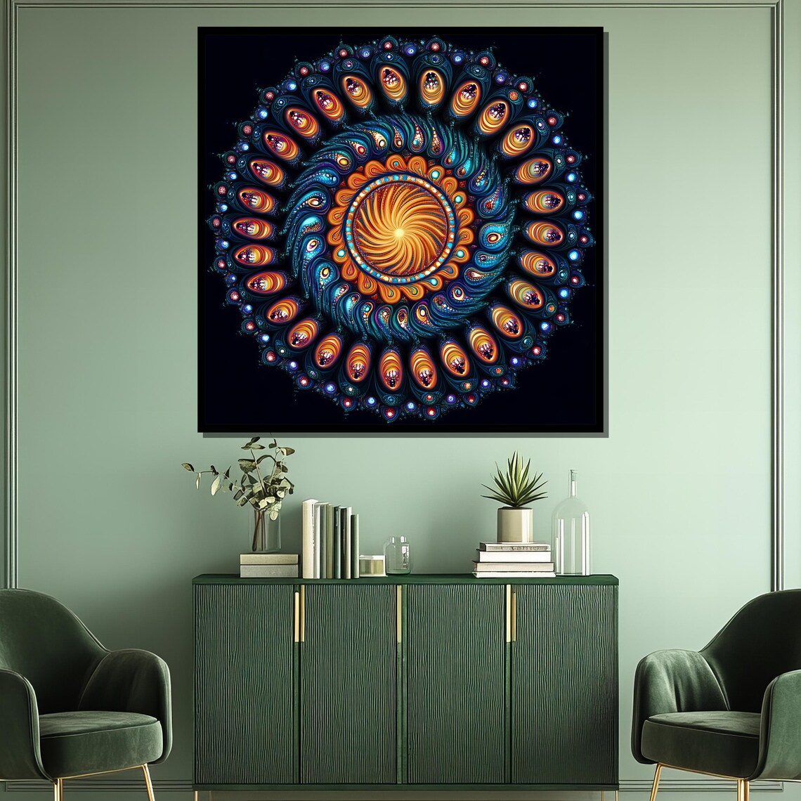 Fiery Orange and Teal Spiral Mandala with Peacock Motifs on Black Poster - Image 3