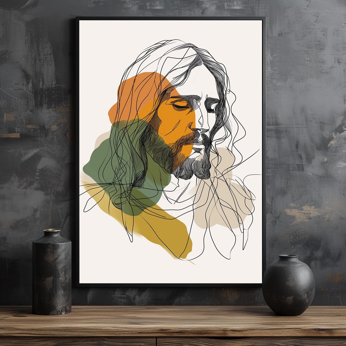 Abstract Line Art Portrait Of Jesus With Warm Earth Tone Washes Poster - Image 2
