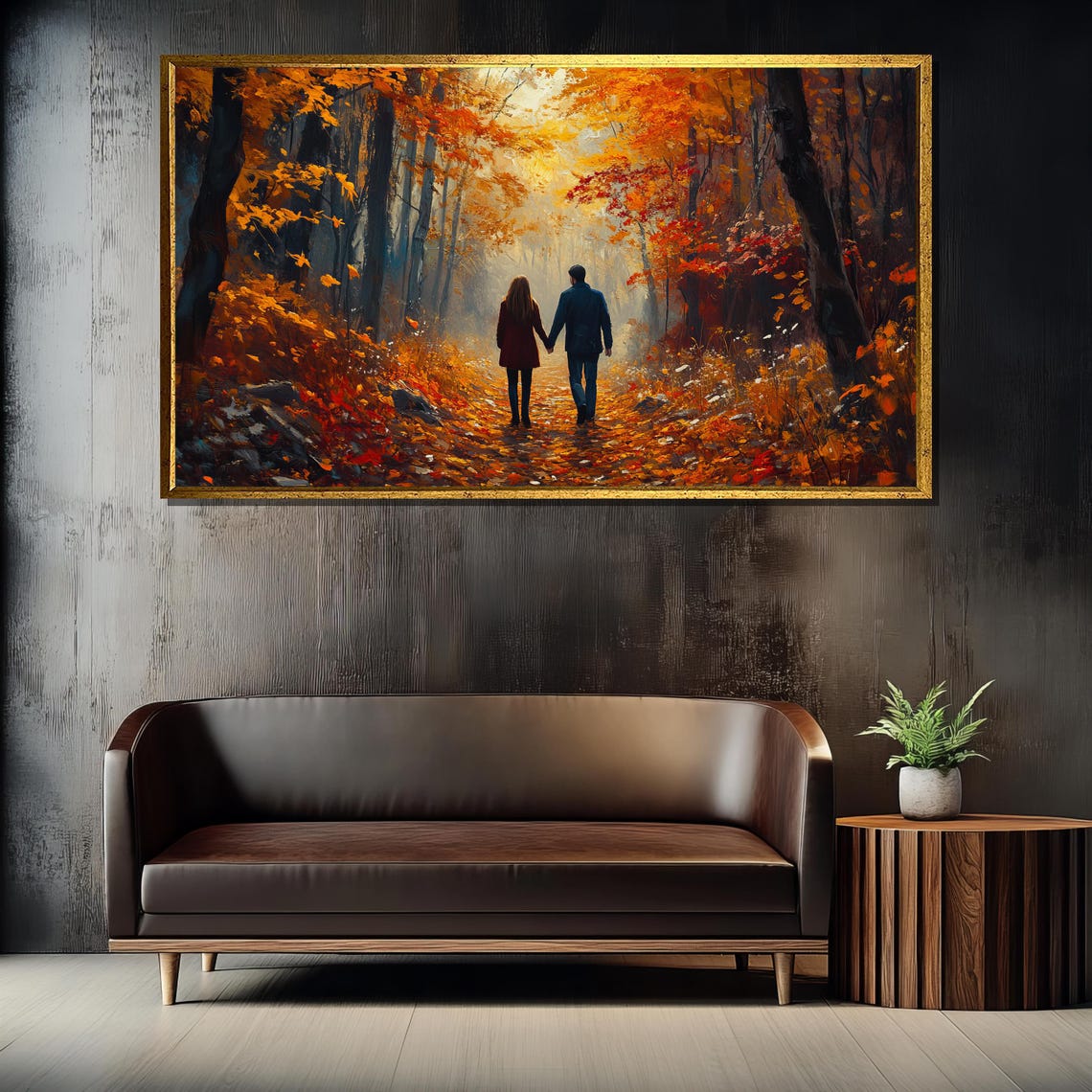 Couple Walking Golden Autumn Forest Path Fall Romance Art Poster - Image 4