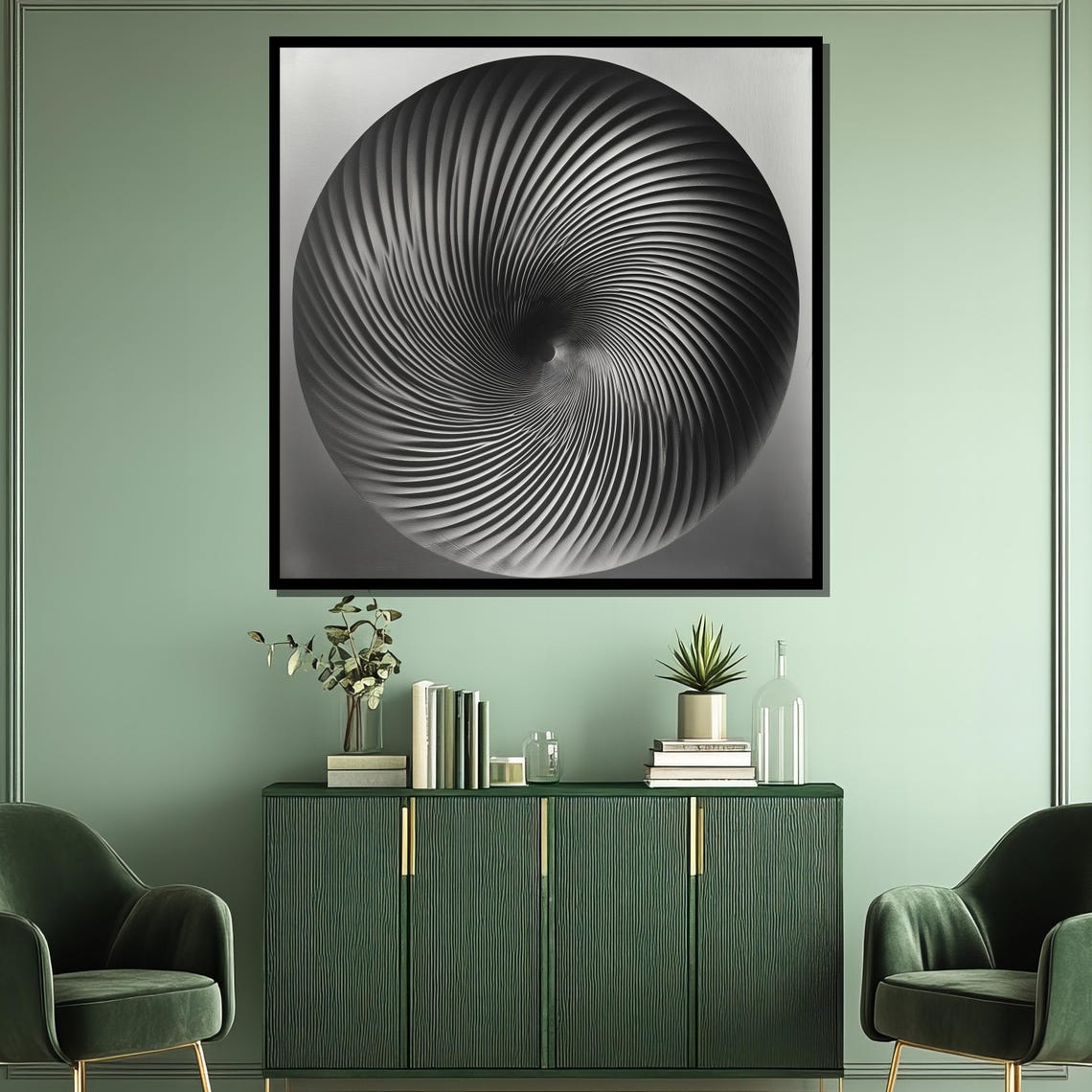 Monochrome Sculpted Spiral Vortex Circle in Black and White Poster - Image 3