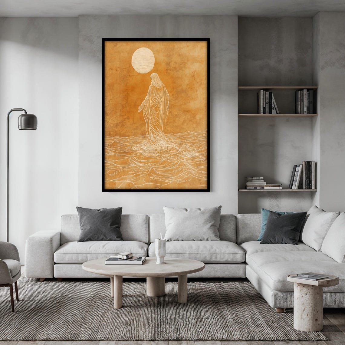 Jesus Walking on Water in Elegant Gold Minimalist Line Art Poster - Image 2