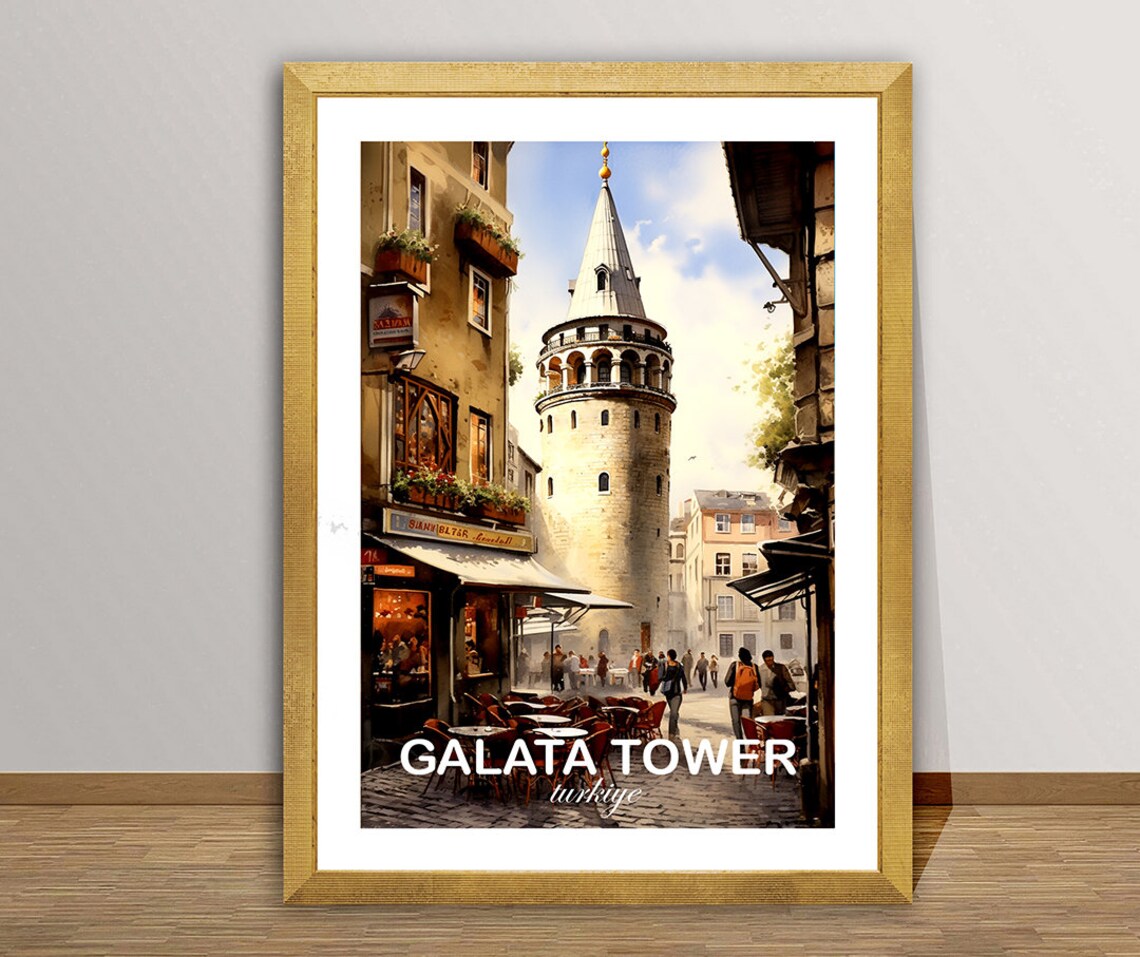 Galata Tower Istanbul Turkiye Old Street Cafes Historic Travel Poster