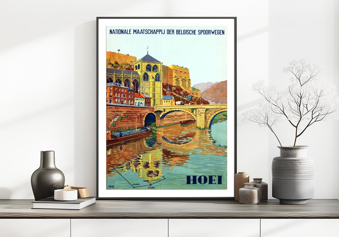 Hoei Belgium Meuse River Bridge Church Vintage Railway Travel Poster - Image 2