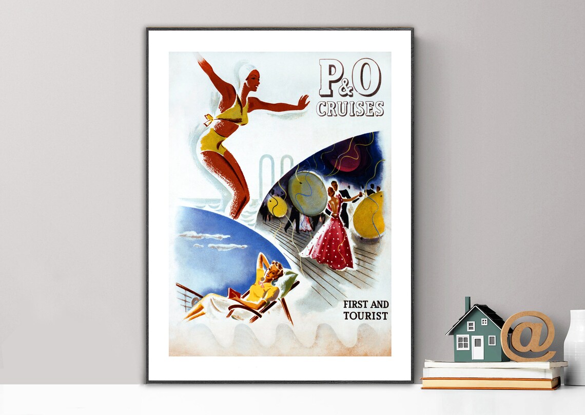 P and O Cruises First and Tourist Vintage Travel Poster Art Deco Swim