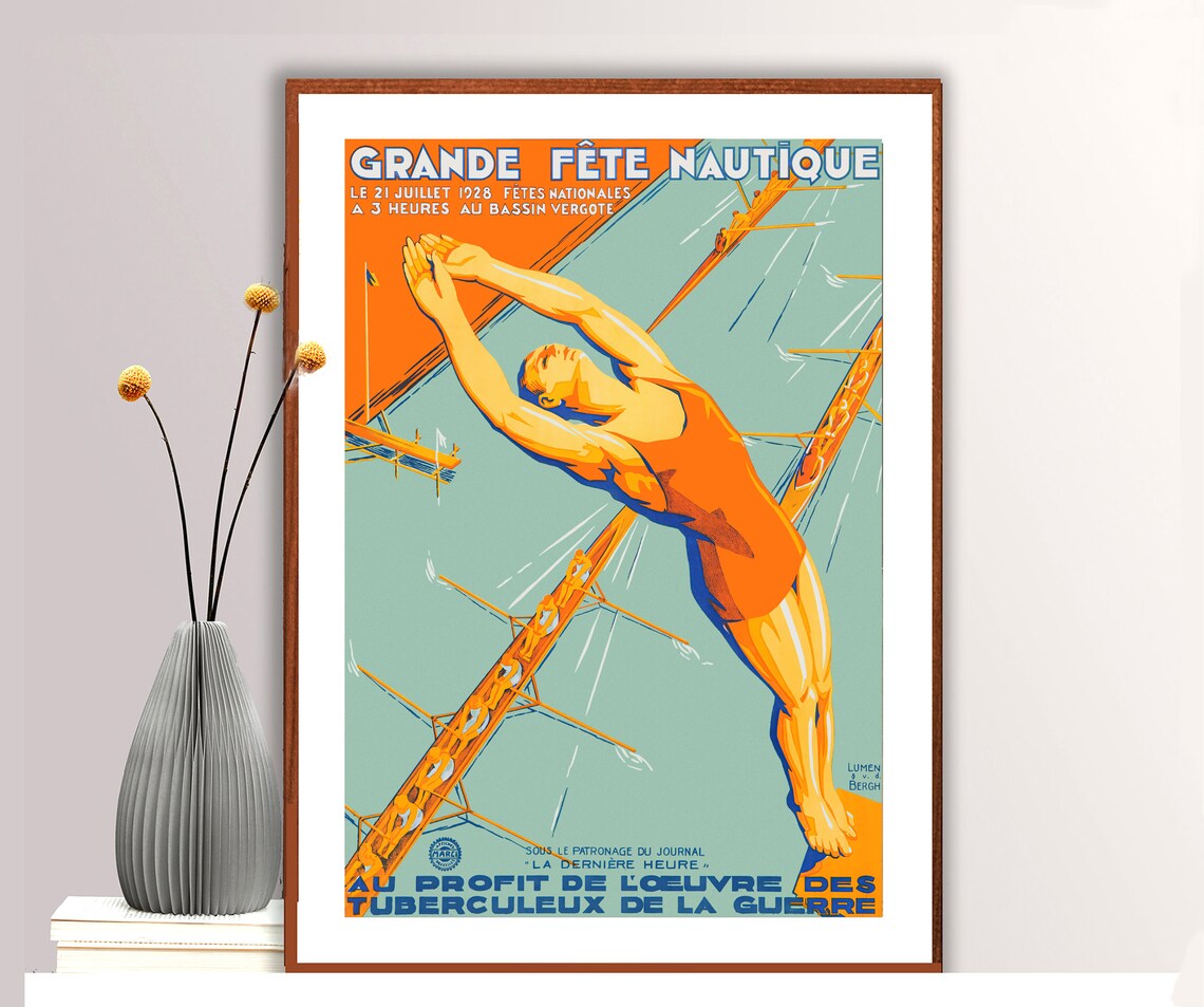 1928 Grande Fete Nautique French Rowing Regatta Diver Charity Poster