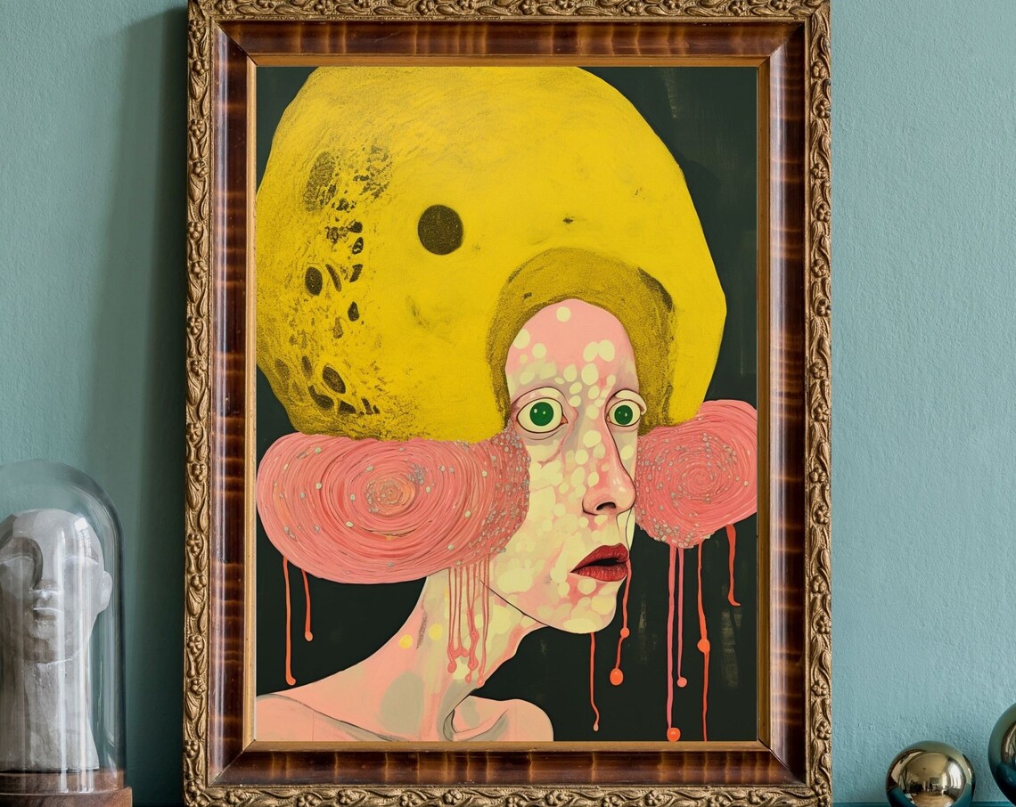 Woman Portrait Yellow Moon Hair Dripping Coral Paint Dark Art Print