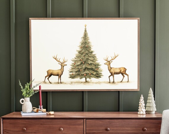 Christmas Tree and Reindeer Holiday Art Print