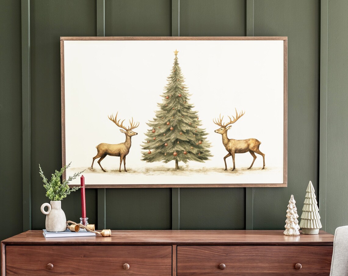 Christmas Tree and Reindeer Holiday Art Print