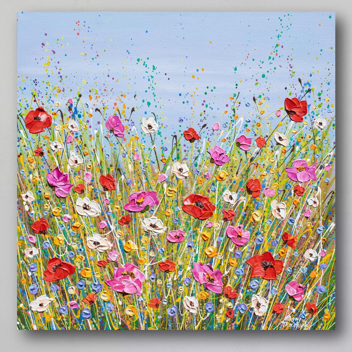 Colorful Poppy Flower Field Painting Red White Pink Blooms Art Print - Image 3