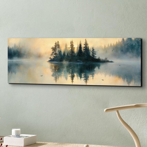 The Original Serene Foggy Wooded Lake Island Ready To Hang Panoramic Wall Art Print Large Wall Art Panoramic Art