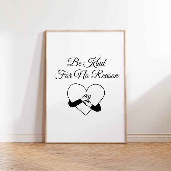 Be Kind For No Reason Quote Poster With Heart Hug Minimalist Line Art