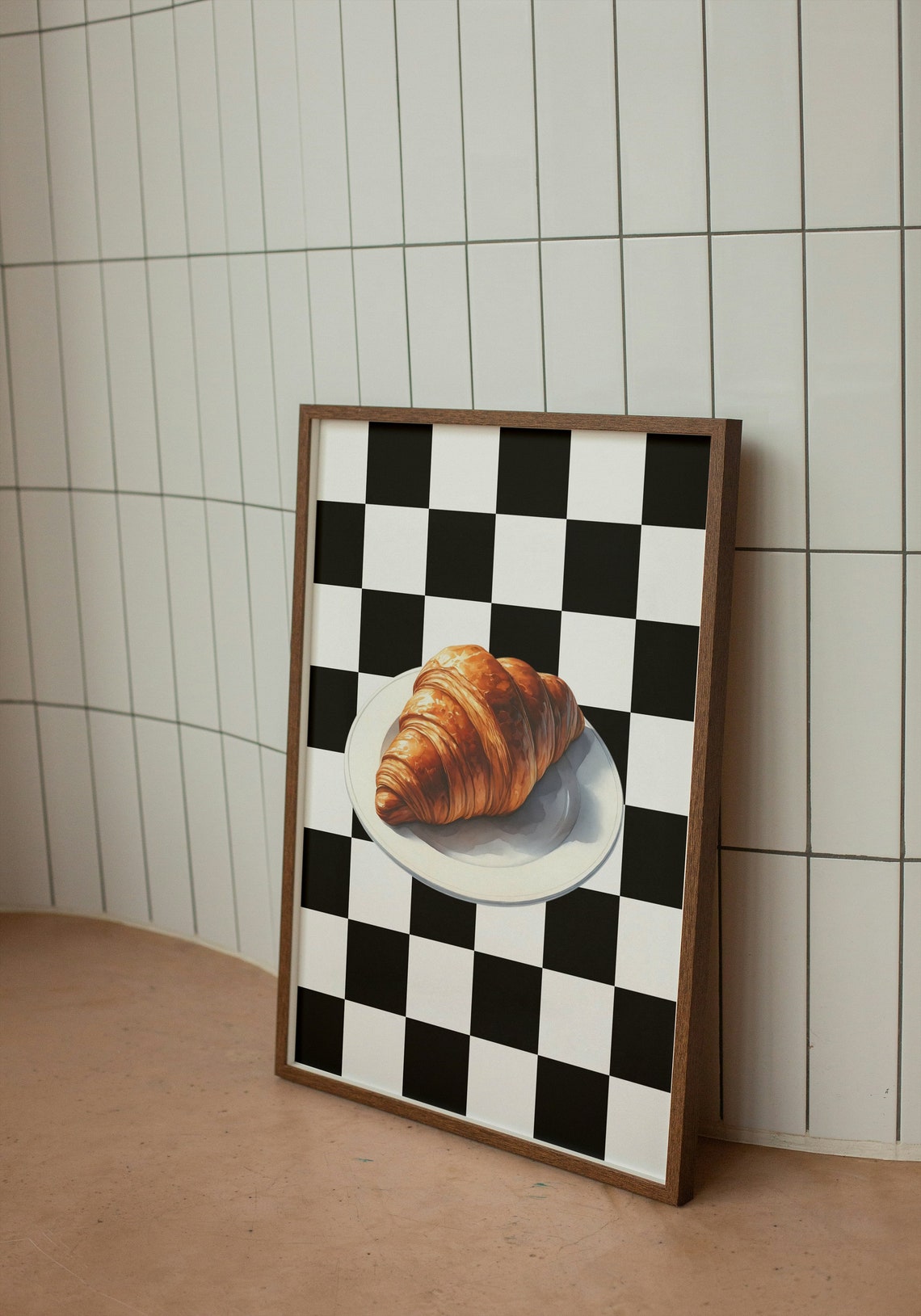 Golden Croissant French Bakery Art Checkerboard Background Poster - Image 3