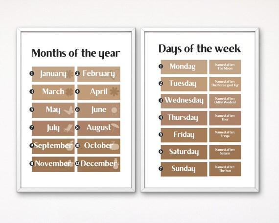 Months Of The Year Days Of The Week Educational Kids Print Set