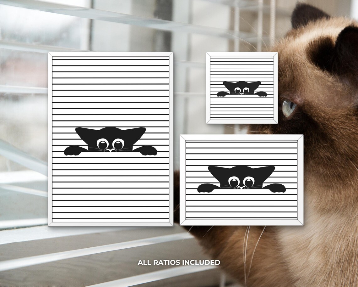 Peeking Black Cat Minimalist Cute Striped Funny Kitty Wall Art - Image 3
