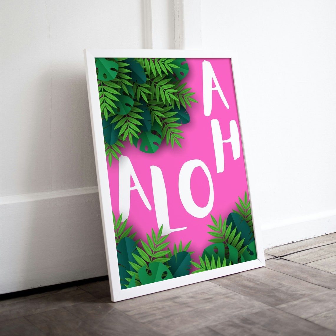 Aloha Tropical Leaves Pink Background Hawaiian Style Quote Poster