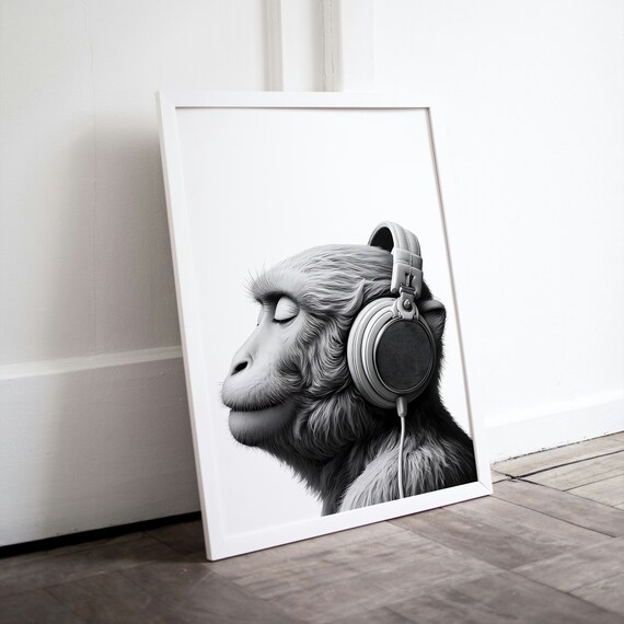 Monkey Wearing Headphones Black And White Animal Wall Decor Poster