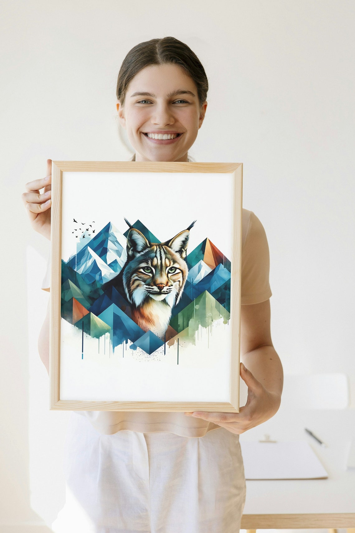 Lynx Portrait Over Geometric Watercolor Mountains Wildlife Art Poster - Image 2