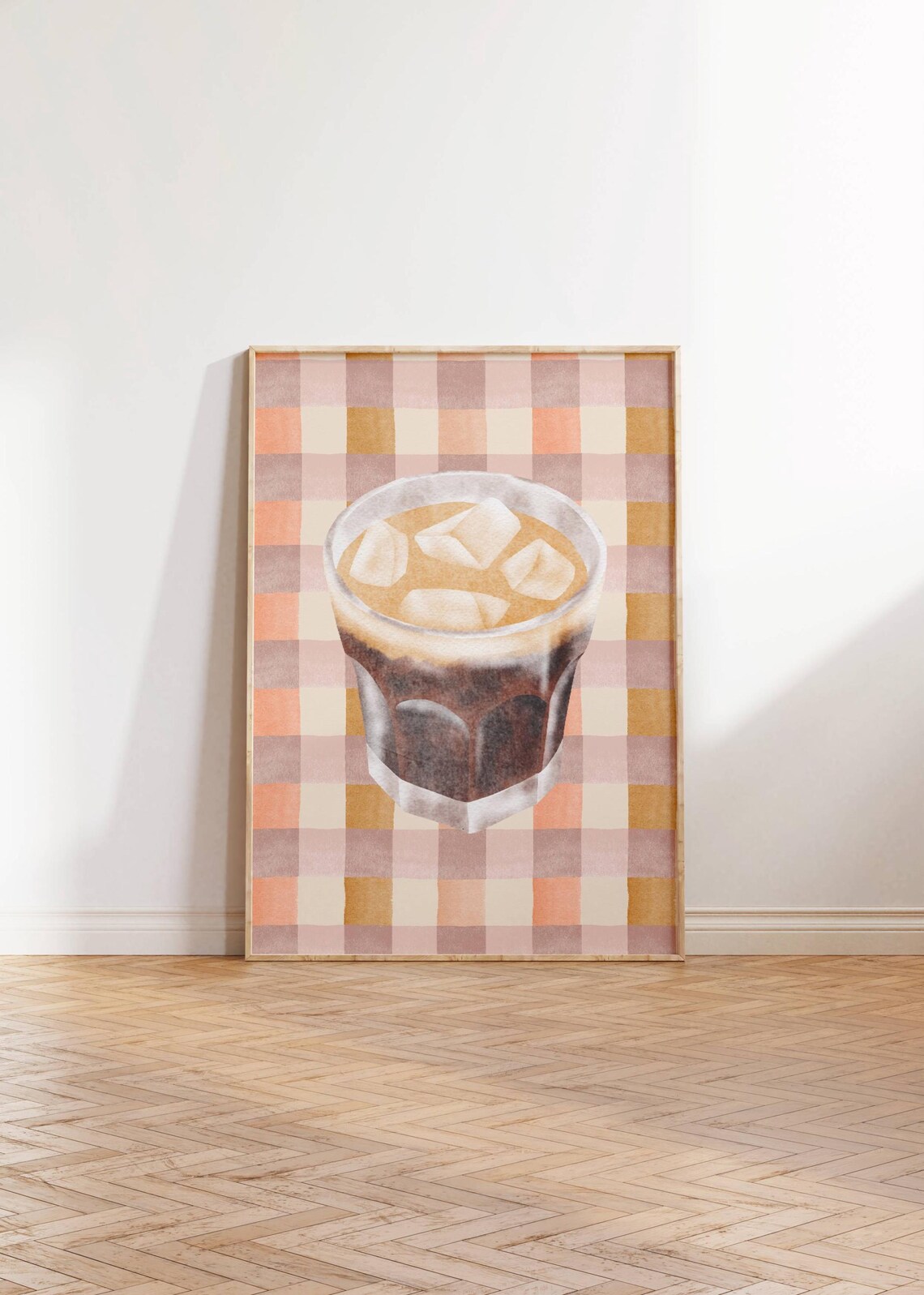 Iced Coffee Glass Watercolor Print Pastel Checkerboard Kitchen Decor - Image 3