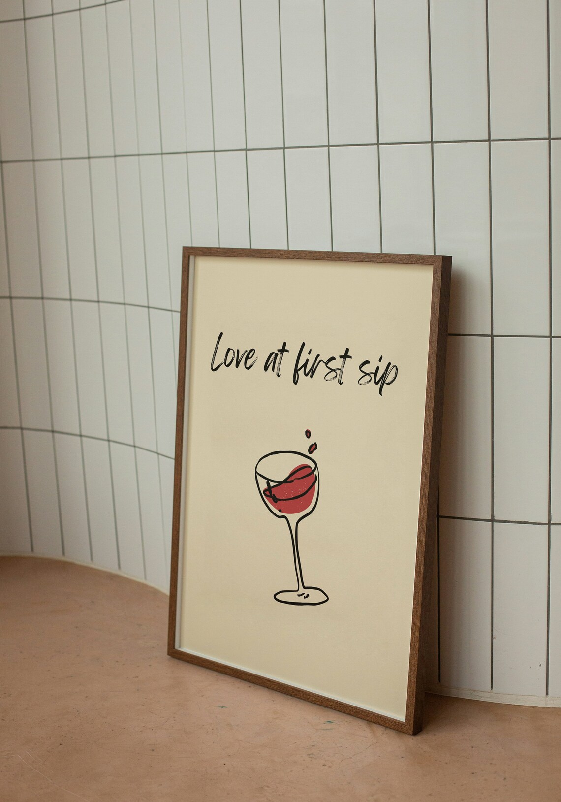 Love at First Sip Wine Glass Line Art Cream Minimalist Kitchen Poster - Image 2