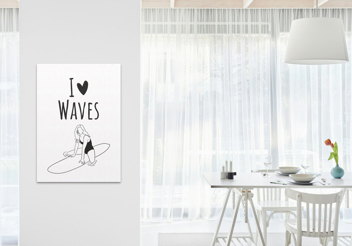 I Love Waves Surfer Girl Line Drawing Surf Wall Decor Poster - Image 2
