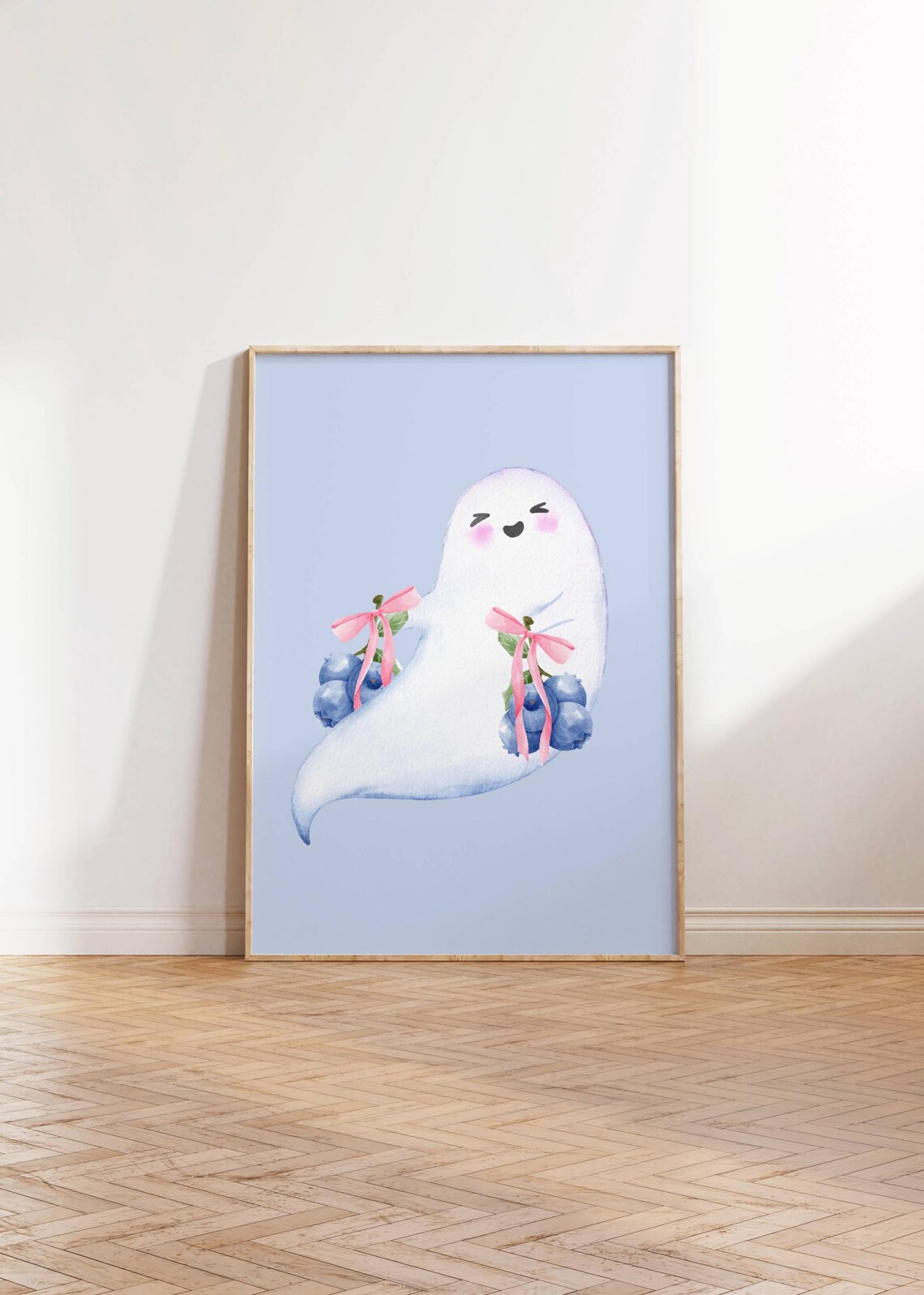 Cute Ghost With Blueberries Pastel Halloween Kids Room Watercolor Poster - Image 3