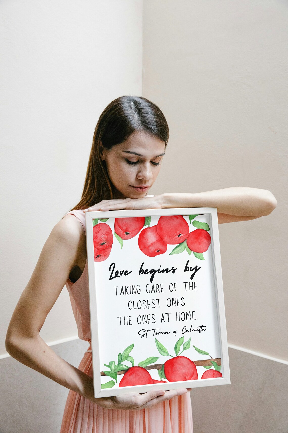 Love Begins At Home St Teresa Calcutta Apple Watercolor Quote Poster Art - Image 2