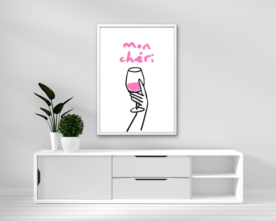 Mon Cheri Pink Wine Glass Line Art Poster French Bar Decor Quirky Art - Image 2