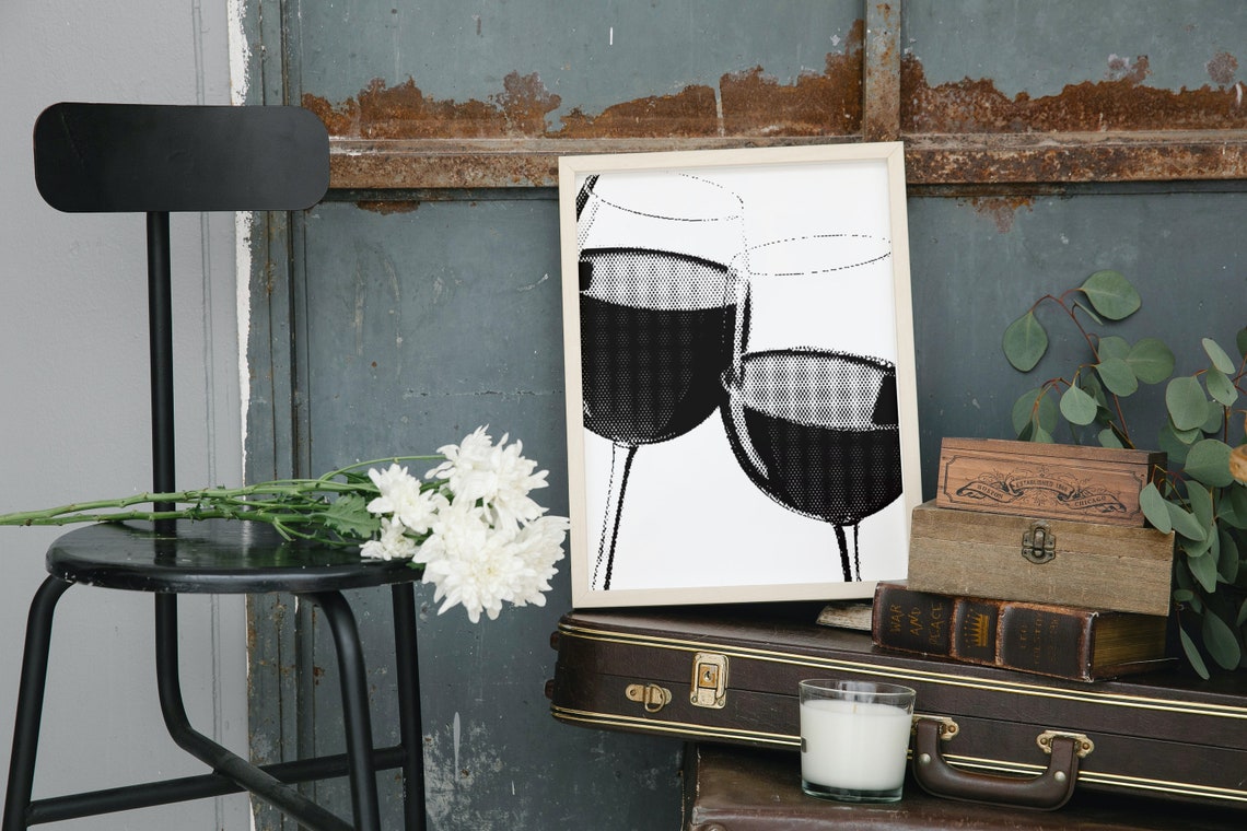 Clinking Wine Glasses Halftone Retro Style Black And White Poster - Image 2