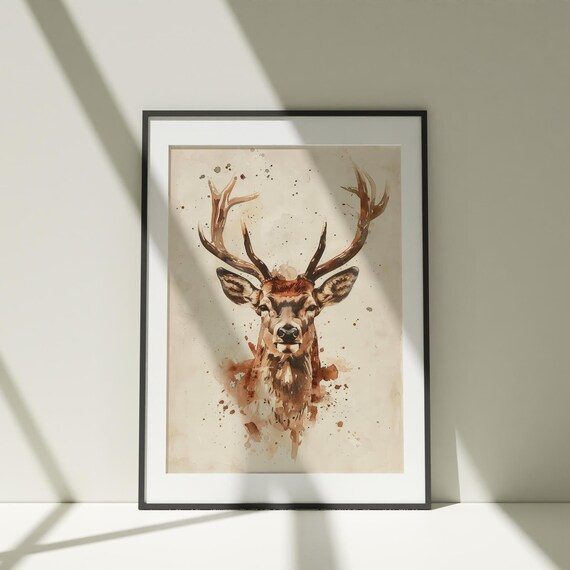 Watercolor Stag Portrait Deer Antlers Neutral Woodland Art Poster