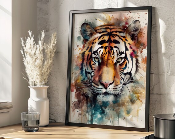 Majestic Tiger Face Colorful Watercolor Big Cat Portrait Poster