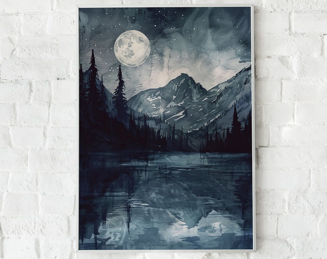 Full Moon Over Mountain Lake Watercolor Starry Night Art Poster - Image 3