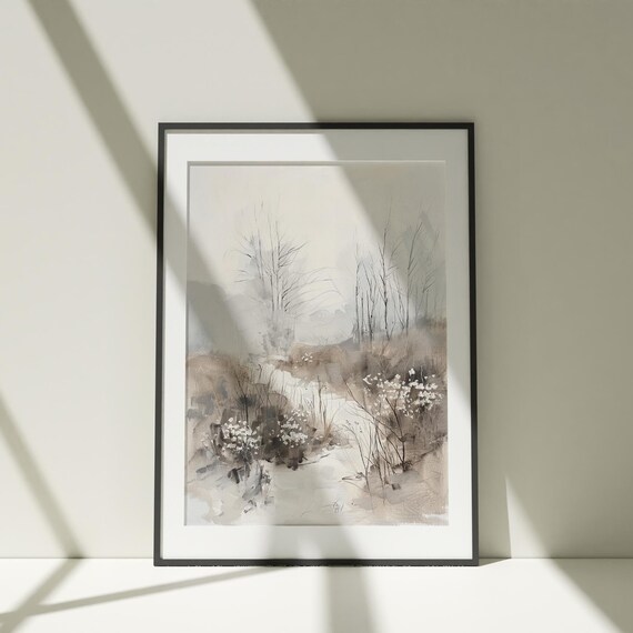 Neutral Wildflower Meadow Painting Soft Gray Botanical Landscape Poster