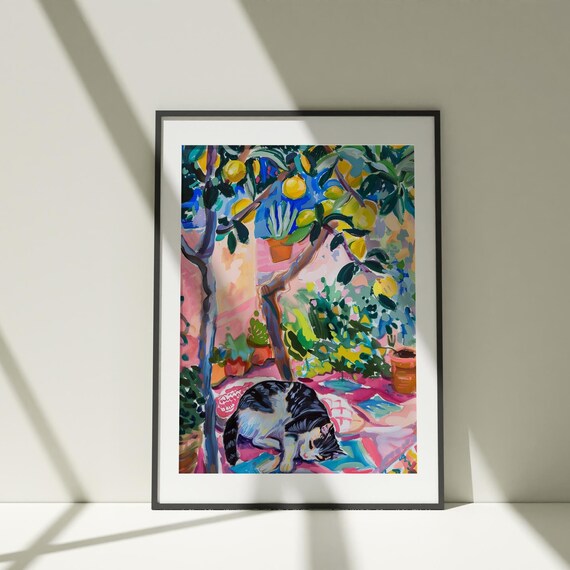 Sleeping Cat Lemon Tree Garden Colorful Painterly Cat Art Poster
