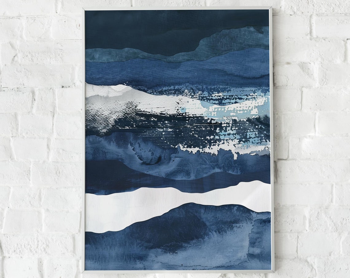 Navy Watercolor Wave Layers Abstract Ocean White Foam Poster - Image 4