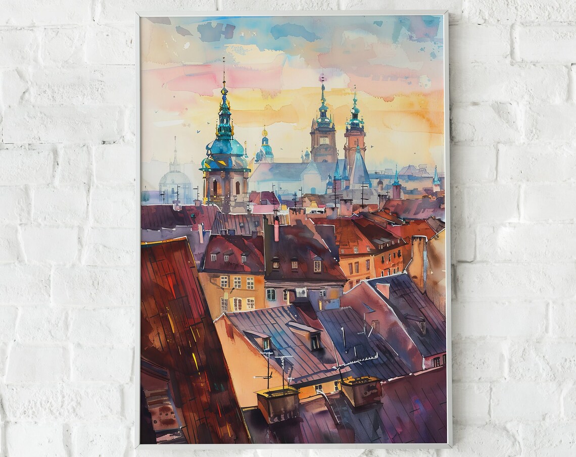 Historic European Old Town Sunset Watercolor Rooftop Scene Poster - Image 4