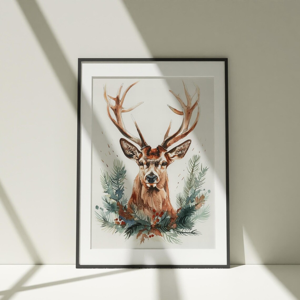 Deer Pine Branches Watercolor Woodland Holiday Rustic Art Poster