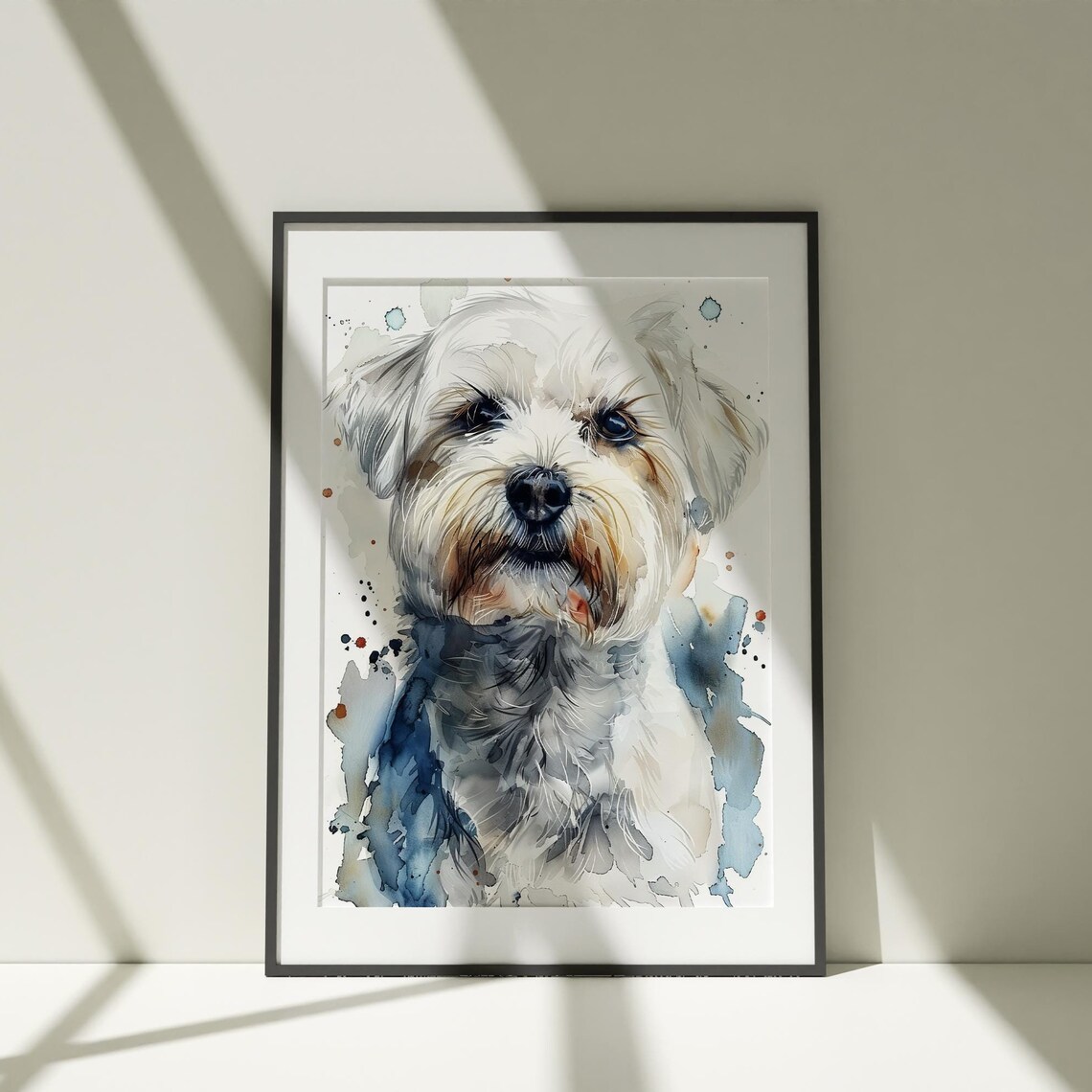 Small White Dog Watercolor Portrait Fluffy Puppy Pet Painting Poster