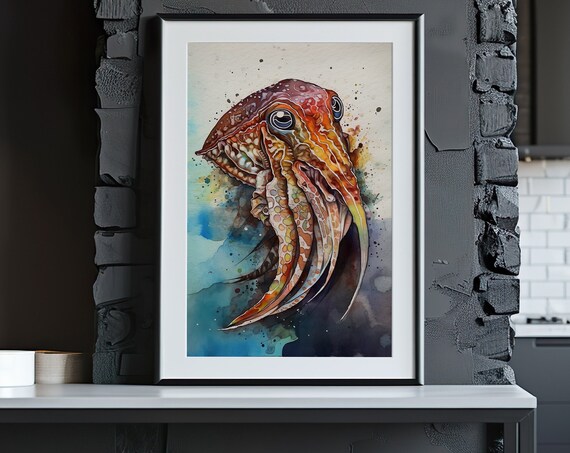 Cuttlefish Painting Wall Art Poster Gift Watercolor Colorful Animal Painting Illustration Nature Wall Art Home Decor Print