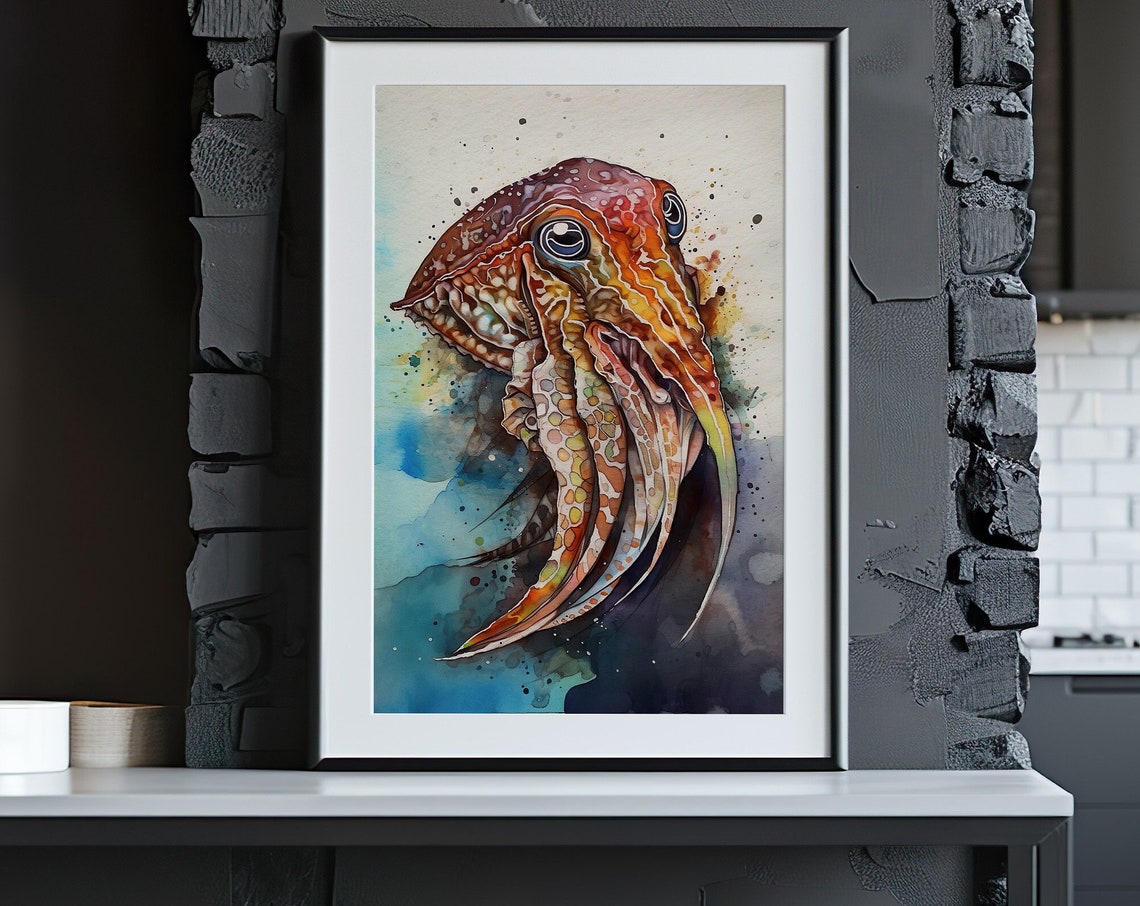 Fiery Orange Cuttlefish Watercolor Sea Creature Marine Art Poster