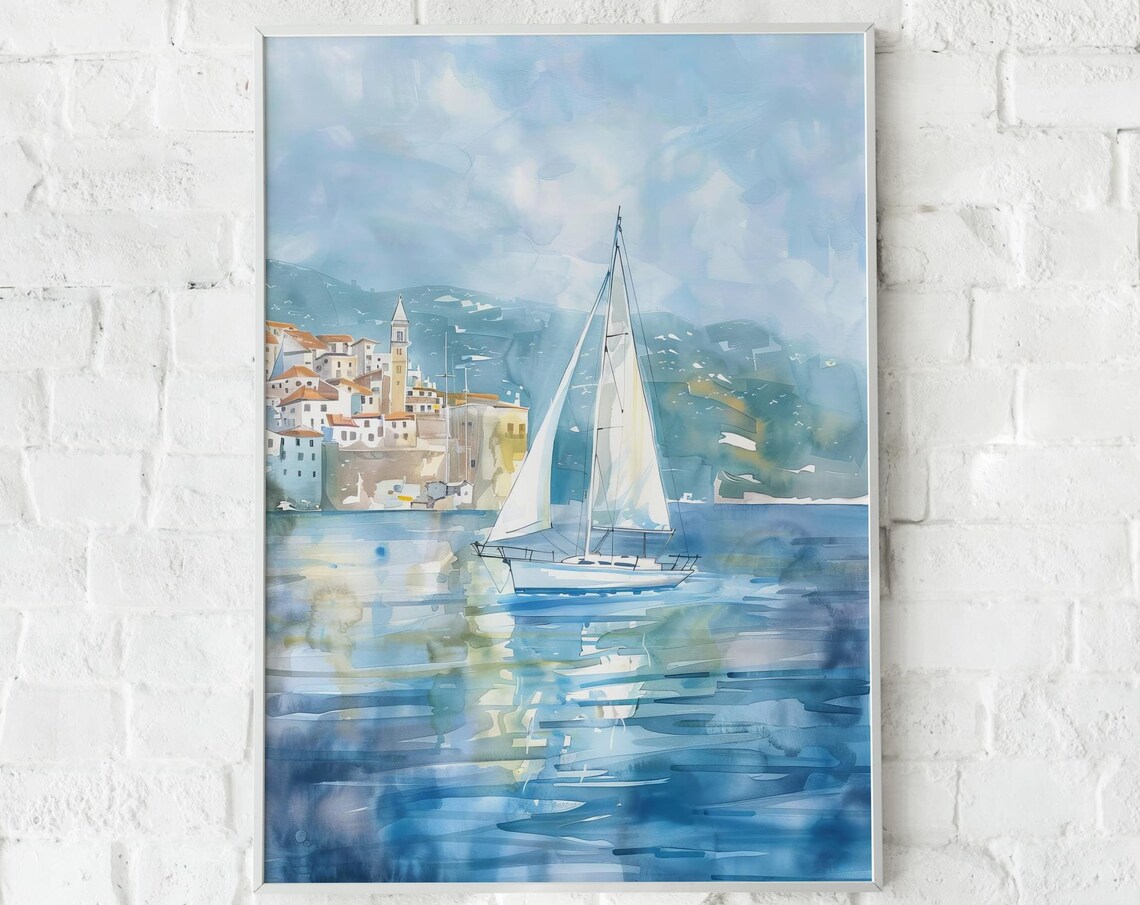 Sailboat Coastal Watercolor Seaside Town Sailing Scenic Art Poster - Image 5